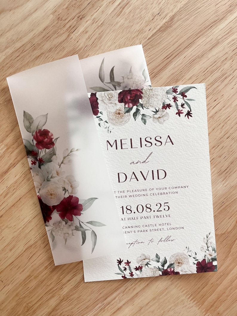 Burgundy and White Wedding Invitation Card, Fall Floral Vellum Wrap ...