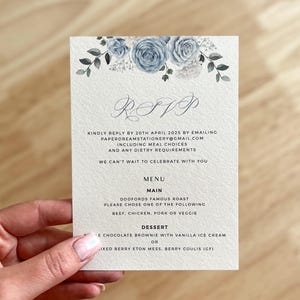 Carte RSVP roses bleus et blancs vieux, décoration de faire-part de mariage, papeterie gypsophile, thème fleurs de gypsophile, PD11