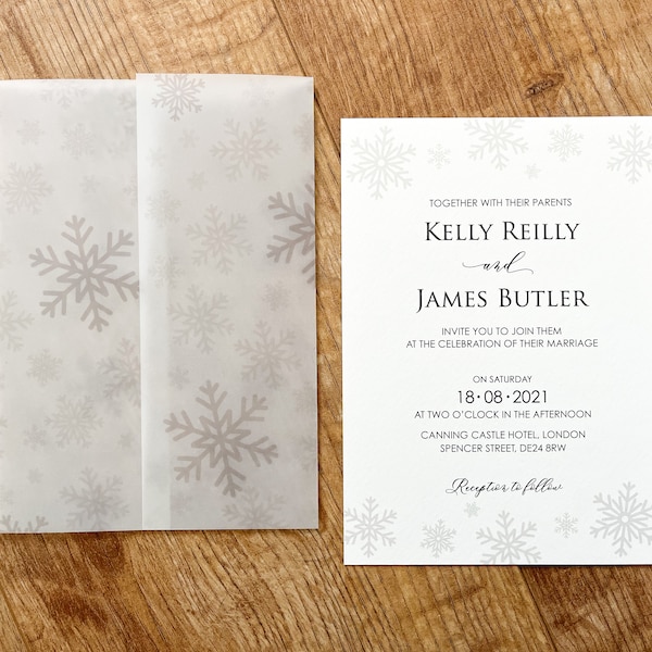 Printed Snowflakes Vellum Wrap | Winter Wedding | Clear Christmas Jacket for DIY Wedding Invitation | Scored and Printed