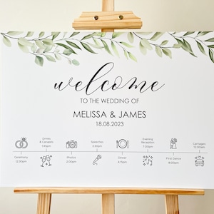 Plaque personnalisée de bienvenue pour mariage, Ordre du jour | Signe de la chronologie du mariage | Panneau Ordre du jour | Verdure et feuillage | PD04