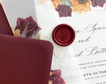 Burgundy Botanical Wax Seal for Vellum Wraps, Perfect for Autumn Wedding Invitations, Rustic Stationery & Gift Wrapping with Self-Adhesive