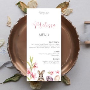 Gedrucktes oder druckbares Ostermenü | Hochzeitsmenü mit Gastname | Empfang Ortsname | Am Tag Briefpapier