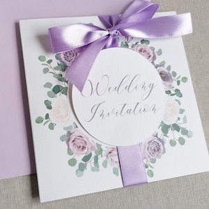 Printed Folded Purple and Cream Roses | Eucalyptus | Floral Wedding Invitation | Greenery Wedding Invitation | NON-PERSONALISED SAMPLE