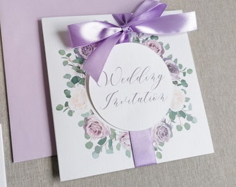 Printed Folded Purple and Cream Roses | Eucalyptus | Floral Wedding Invitation | Greenery Wedding Invitation | NON-PERSONALISED SAMPLE
