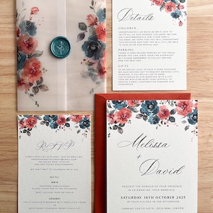 May include: A wedding invitation with a watercolor floral design in shades of blue and red. The invitation features the names Melissa and David, the date Saturday 16th October 2025, and the location Canning Castle Hotel, DE24 8RW, London. The invitation also includes details about the reception to follow.