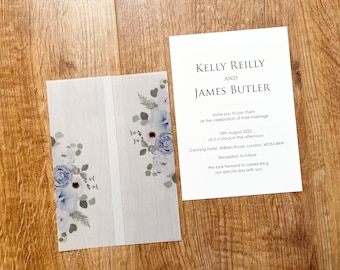 Printed Light Blue Vellum Jacket | Eucalyptus Vellum Wrap | 7x5" and A5 | Clear Jacket for DIY Wedding Invitation | Scored and Printed