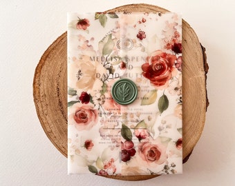 Burgundy Roses Wedding Vellum Wrap, Red and Sage Floral  Vellum Jacket, 7x5" and A5 Printed Wedding Vellum, Pre-folded Invite Wrap, DIY Kit