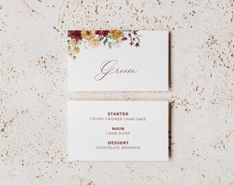 Burgundy and Yellow Place Cards, Personalised Floral Name Cards, Folded Wedding Table Place Settings, Romantic Stationery
