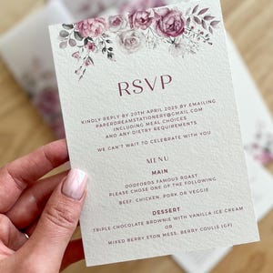 Carte RSVP pivoines roses blush, faire-part de mariage roses blanches, thème gypsophile bohème, papeterie gypsophile élégante, PD15