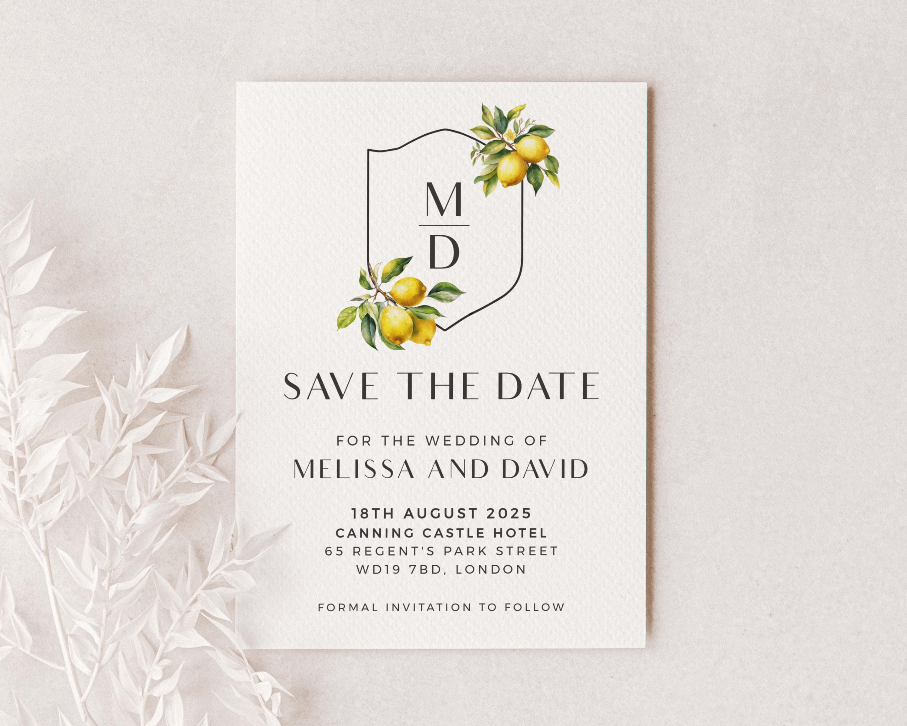 Mediterranean Lemon Save the Date Card, Italian Wedding Theme With