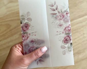 Vellum Wrap with White Roses and Pink Peonies, Botanical Printed Vellum Jacket for DIY Wedding Invitations, Romantic Card, Gypsophila, PD15