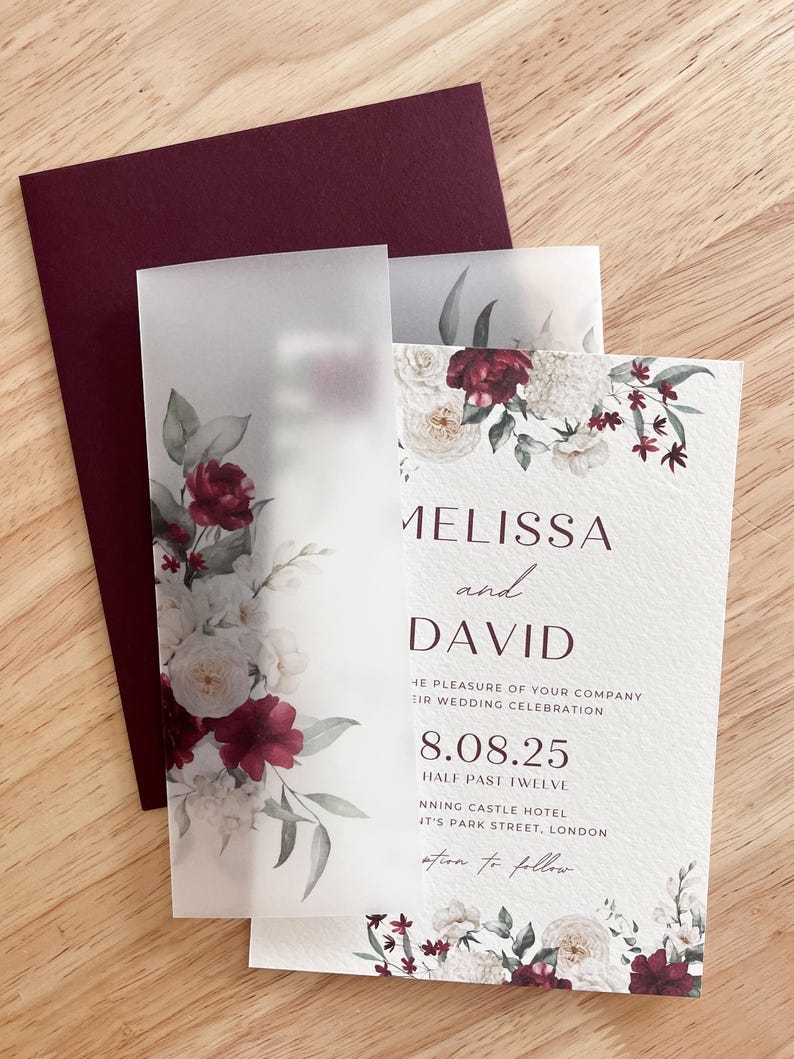 Burgundy and White Wedding Invitation Card, Fall Floral Vellum Wrap ...