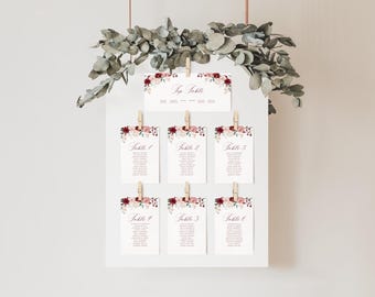 Burgundy and Blush Pink Wedding Table Plan Card, Personalised Floral Seating Chart Table Decor, PD08
