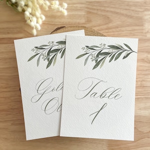 Tarjeta para el número o nombre de la mesa con forma de rama de olivo, decoración botánica minimalista para bodas, letrero de recepción con vegetación, temática mediterránea italiana, PD02