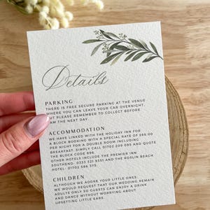 Groene olijf details kaart huwelijksuitnodiging, rustieke elegante bijlage invoegen, delicate zomerklassieker, Italiaanse herfst receptie thema, PD02