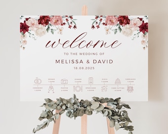 Burgundy and Blush Pink Wedding Welcome Sign, Order of the Day Sign, Wedding Timeline Poster, Elegant Floral Board, DIY Wedding, PD08