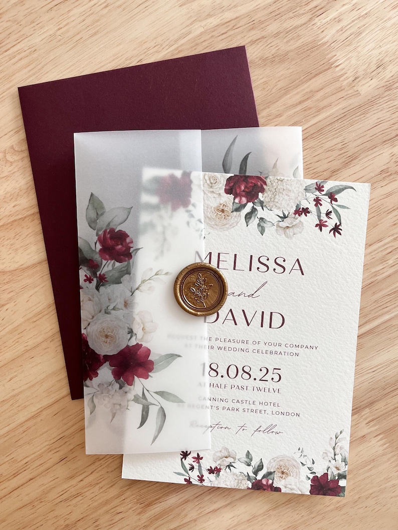 Burgundy and White Wedding Invitation Card, Fall Floral Vellum Wrap ...
