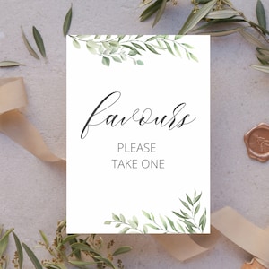 Sage Favors, veuillez prendre une pancarte | Panneau de mariage moderne verdure et feuillage | Imprimé ou imprimable | PD04