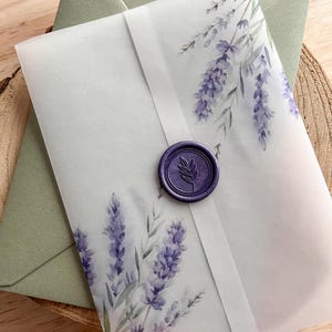 Ensemble de papier vélin violet lavande 7 x 5 po. avec cachet de cire floral et enveloppe vert sauge, kit DIY d'invitation à un événement de mariage automne et été, PD01