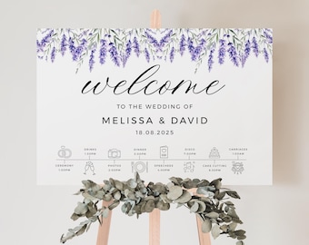 Purple Lavender Wedding Welcome Sign, Order of the Day Sign, Wedding Timeline Poster, Elegant Watercolour Floral Board, DIY Wedding, PD01