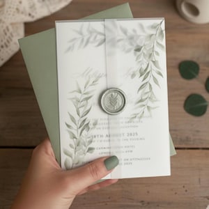 Jas met bedrukte salie-velijnlaag | Rustiek | DIY-huwelijksuitnodiging | Uitnodigingskaart van 7 x 5 inch en A5-formaat, PD04