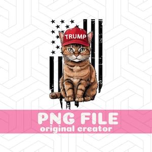 May include: A brown tabby cat wearing a red baseball cap with the word "TRUMP" on it. The cat is sitting in front of a black and white American flag.