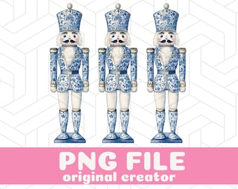 May include: Three blue and white porcelain nutcracker figurines stand in a row. Each nutcracker has a white face with black eyes, a black mustache, and a red mouth. The nutcrackers are wearing blue and white patterned uniforms with gold accents.