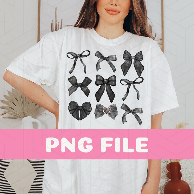 May include: White t-shirt featuring a grid of nine black bow illustrations. One bow has a pink heart-shaped center. The text "PNG FILE" is displayed in a pink banner across the bottom. The shirt is worn by a person.