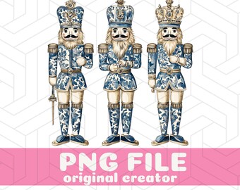 May include: Three watercolor-style nutcracker figures in blue and white, each with a different crown and uniform design. The figures have tan boots and a long, white mustache. The text "PNG FILE original creator" is at the bottom.