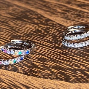 925 sterling silver cz huggie hoops rainbow and white coloured 12mm diameter set of 2 pairs