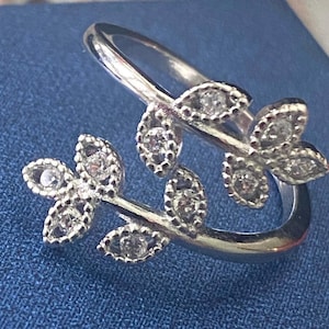 925 sterling silver cz adjustable leaf ring