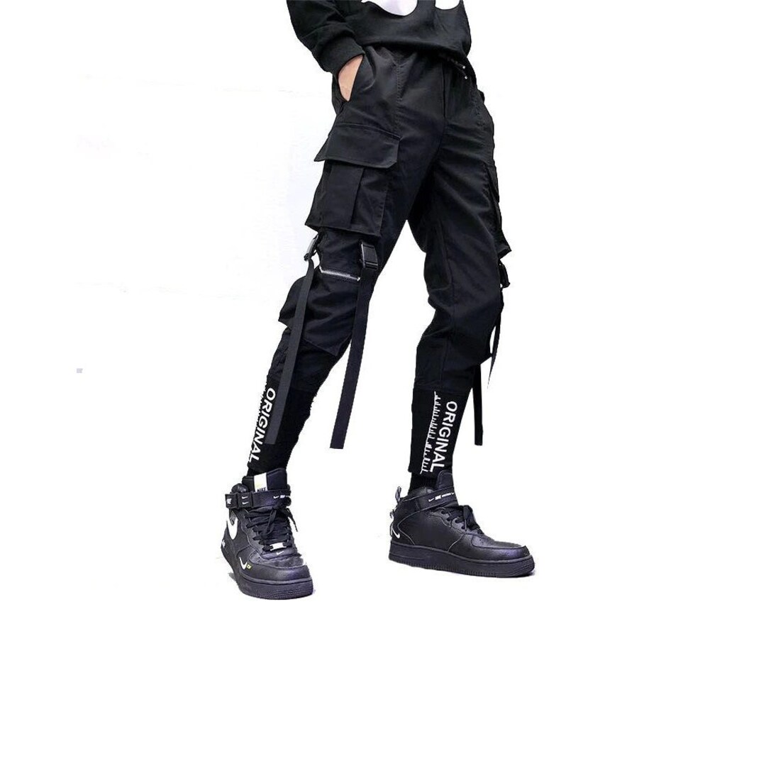 Techwear Pants Men Cyberpunk Black Ribbons Pockets Harem Pants - Etsy ...