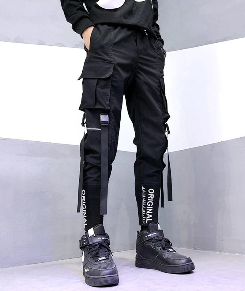 Techwear Pants Men Cyberpunk Black Ribbons Pockets Harem Pants - Etsy ...