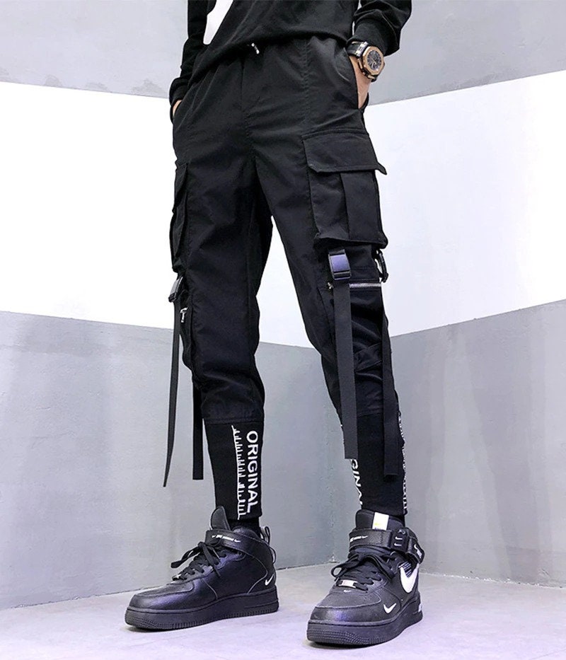 Techwear Pants Men Cyberpunk Black Ribbons Pockets Harem Pants - Etsy ...