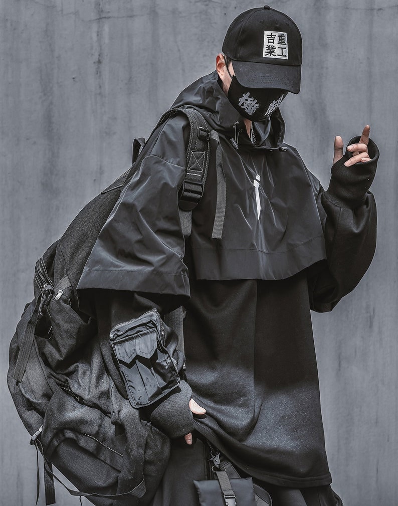 Japanese Cyberpunk Kanji Hoodie Layered Windbreaker Streetwear - Etsy
