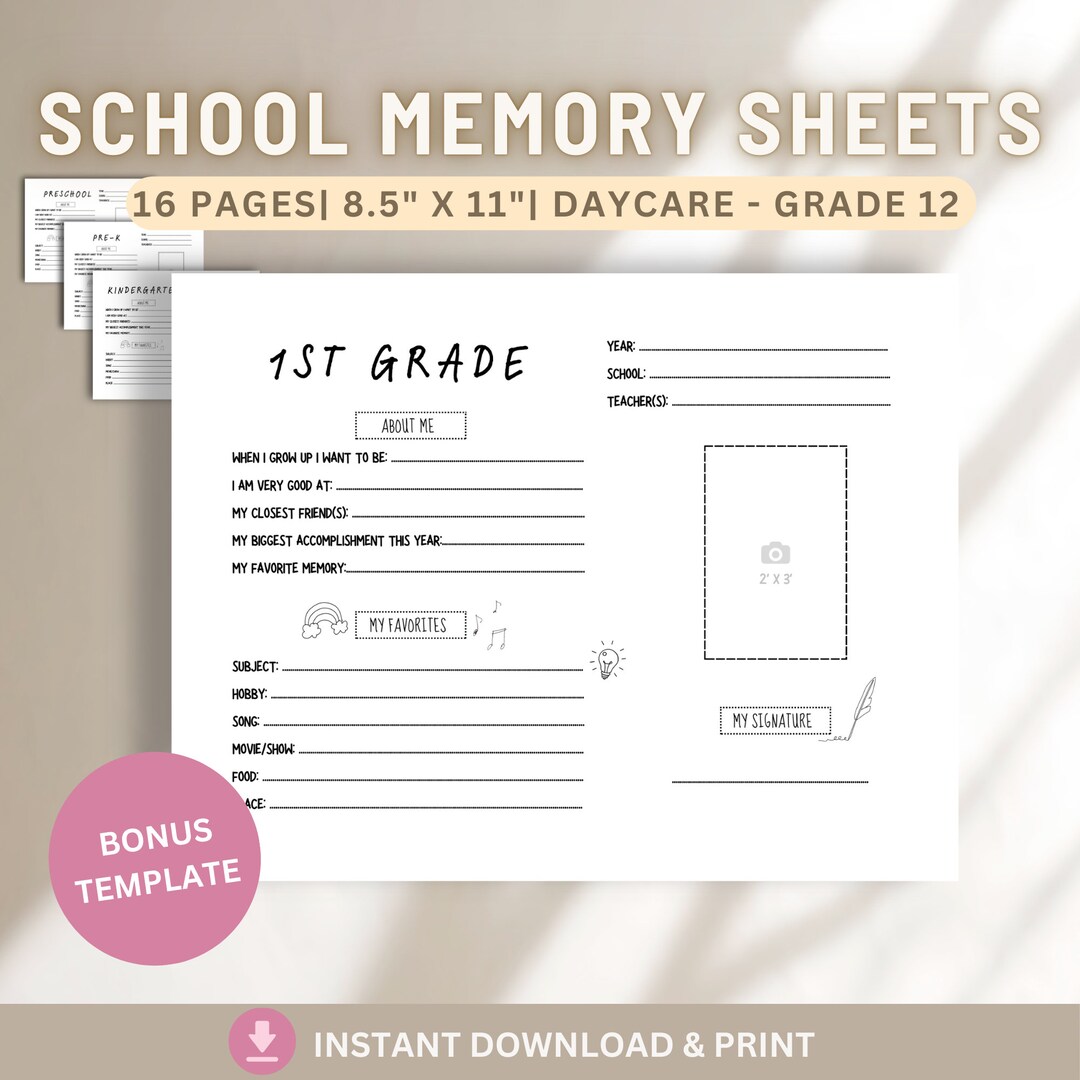 School Memory Printable | Daycare to Grade 12 Questionnaire (PDF ...
