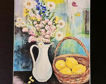 Lemon still life wall art print of original oil painting for kitchen and dining room with flowers, colorful artwork handmade hone decor gift