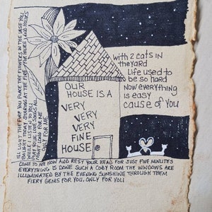 Song lyrics wall art original pen drawing on textured handmade paper, Our House is a very fine house, home decor gift for music lover