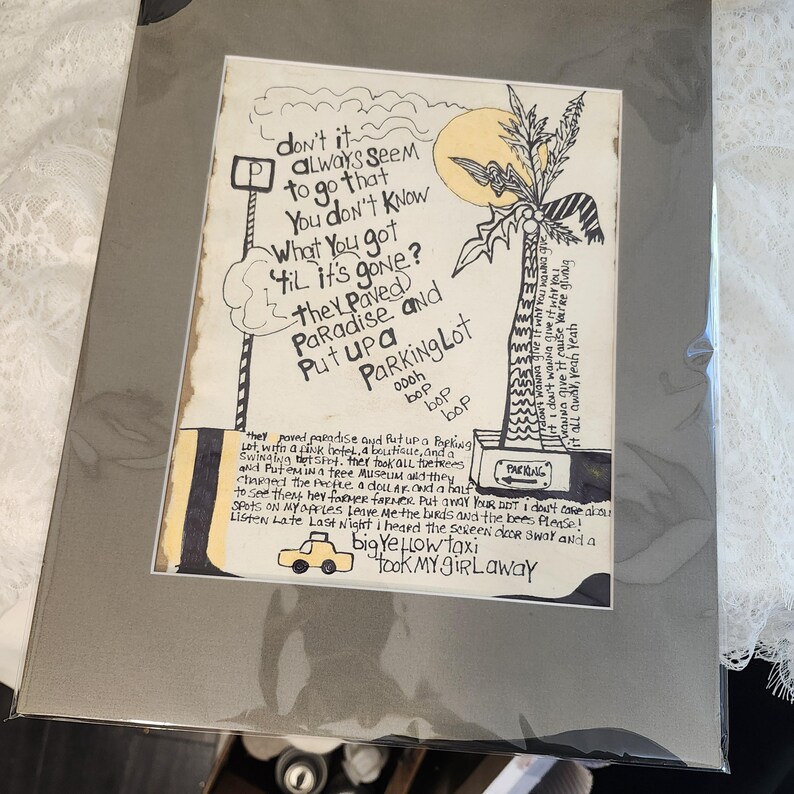 NOT a Print, Big Yellow Taxi, Original Pen & Ink Drawing on Handmade