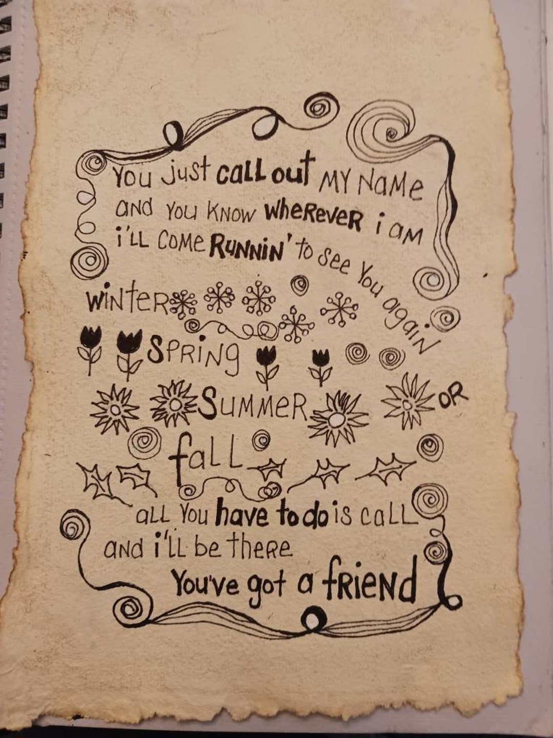 NOT a Print Youve Got a Friend Song Lyrics Art Drawing on Textured