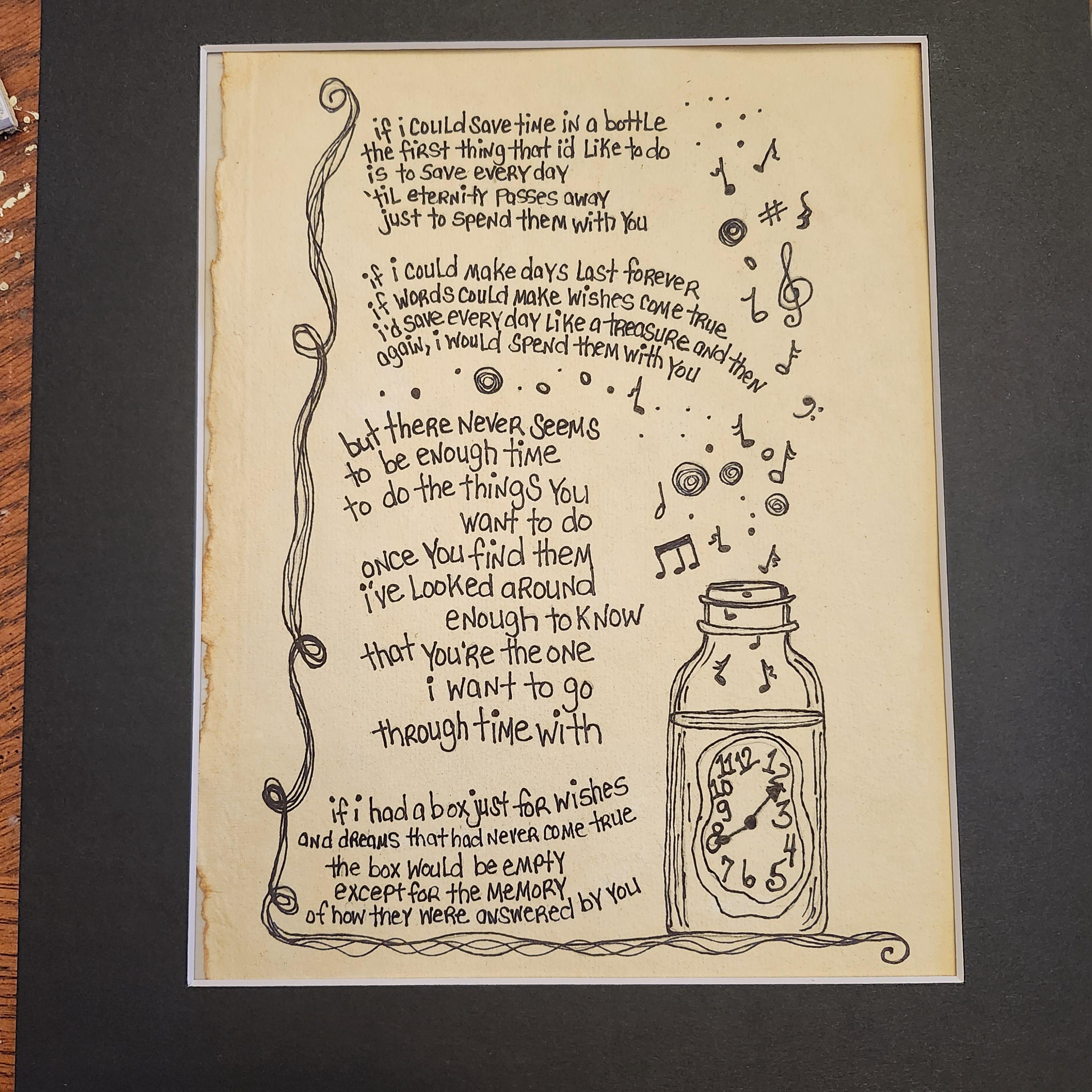 Jim Croce Wall Art - Original Pen Drawing of "Time in a Bottle" on Textured Handmade Paper, Perfect Home Decor for Classic Rock Lovers