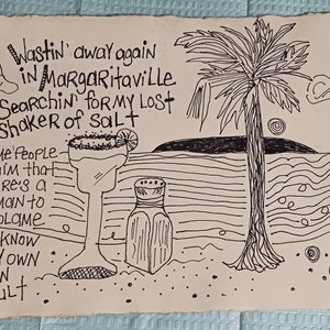 Margaritaville Songtext Wand Kunst, original Federzeichnung auf strukturiertem Büttenpapier, Bohemian Dekor Geschenk für Musik- oder Strandliebhaber