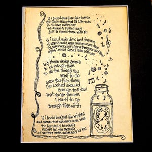 Song Lyric Wall Art - Original Pen Drawing of "Time in a Bottle" on Handmade Paper, Home Decor gift for Classic Rock Lovers, Christmas 2025