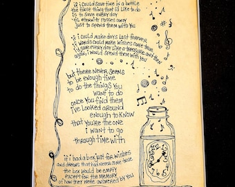 Song Lyric Wall Art - Original Pen Drawing of "Time in a Bottle" on Handmade Paper, Home Decor gift for Classic Rock Lovers, Christmas 2025