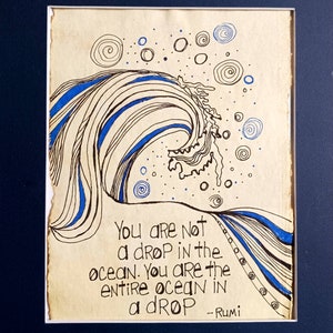 Rumi Quote Art: Crashing Wave Drawing on Handmade Paper with Black Mat