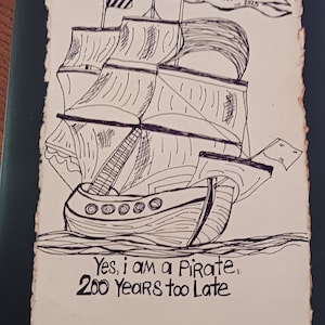 Song lyrics wall art original pen drawing on textured handmade paper, Jimmy Buffett pirate looks at forty, home decor gift for music lover