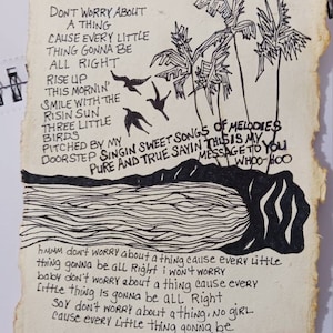 Song lyrics wall art original pen drawing on handmade paper, Bob Marley three little birds don&#39;t worry, home decor gift for music lover