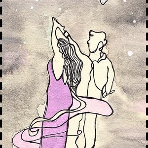カップルの絵画の折り畳みカード（封筒付き）、オリジナルの水彩画とインクペンアート、月と踊るカップル、5x7インチのミニアートワーク、ロマンチックなギフト