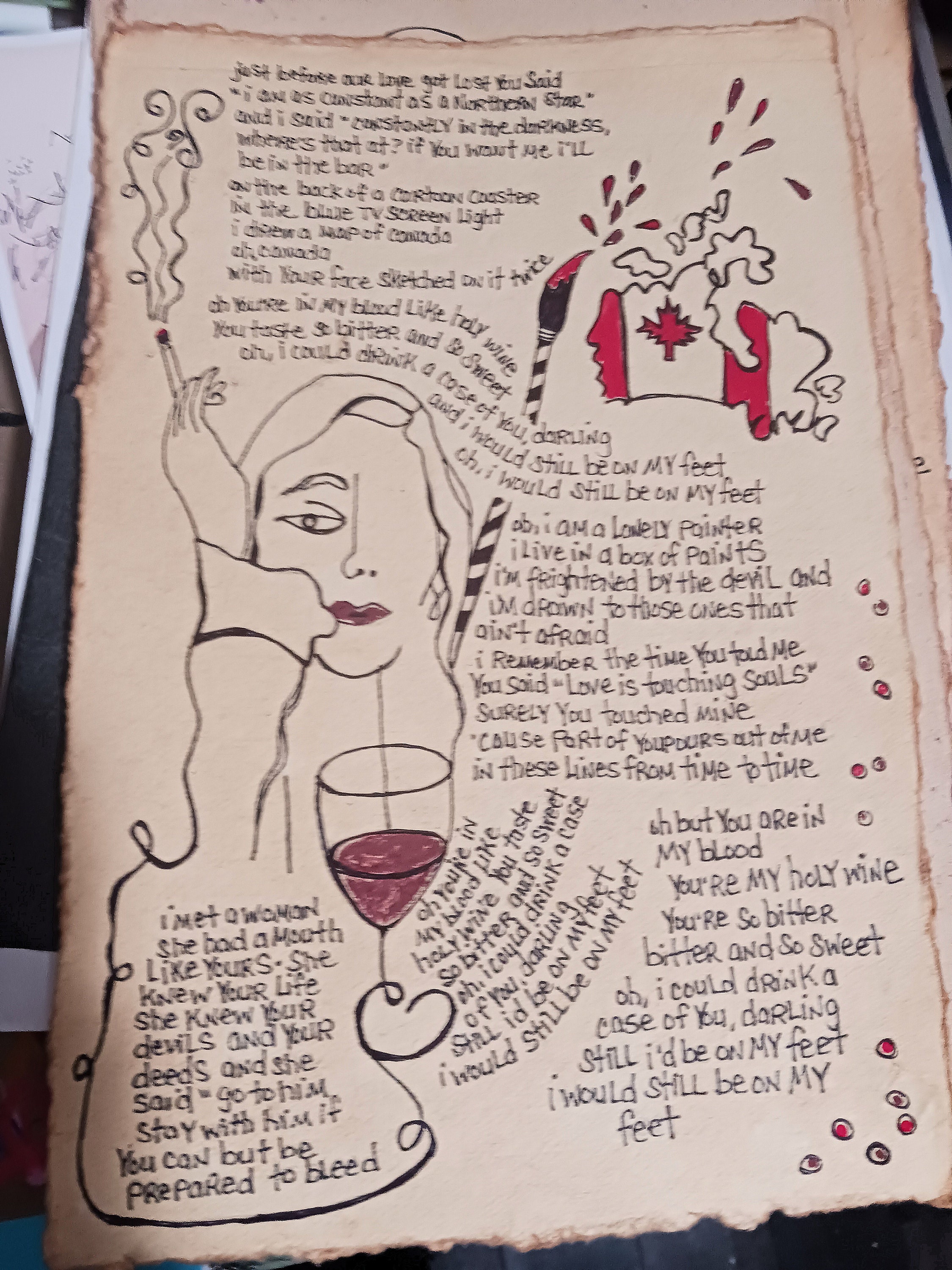 Song Lyrics Wall Art Original Pen Drawing on Textured Handmade