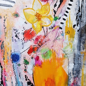 Print of &quot;Happy&quot;, original (sold) mixed media paper collage painting , vibrant abstract flowers in vase on matte photo paper
